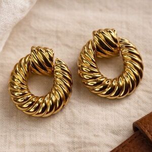Vintage Gold Tone Rope Hoop Earrings Chunky Door Knocker Twisted Statement Post